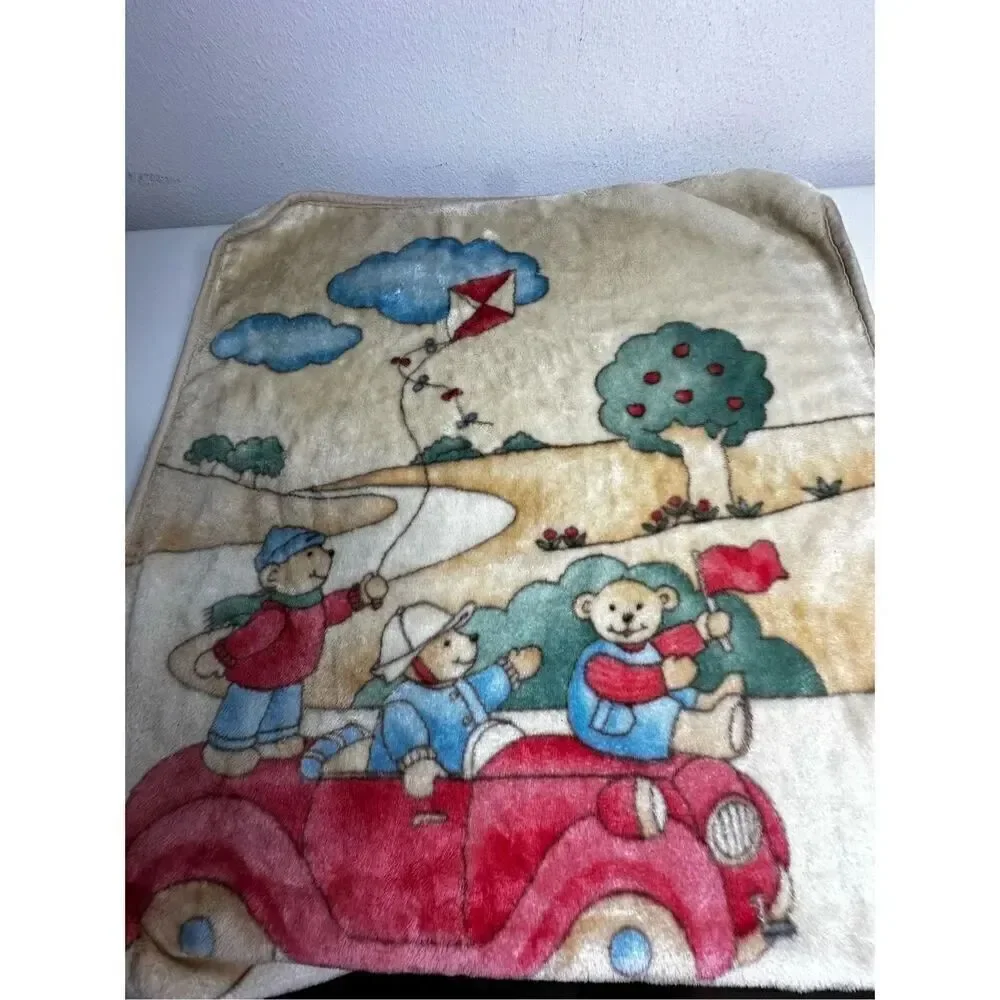 Rare Vintage Baby Fleece Blanket Teddy Bears Family On the Car 36” X 30” *Notes